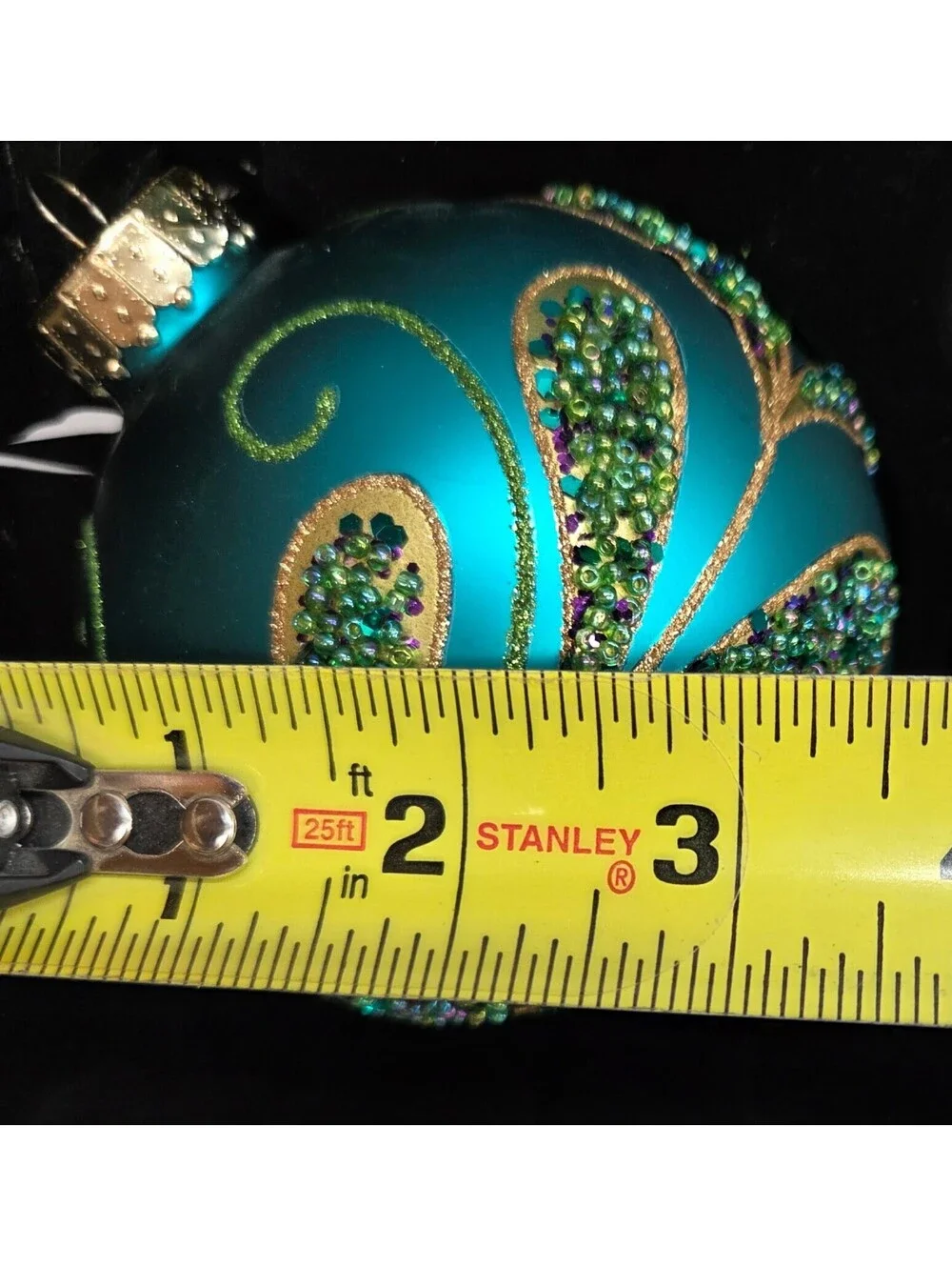 Boxed Set of 4 Teal Glitter Glass Christmas Ornaments Gold Scroll Holiday Tree